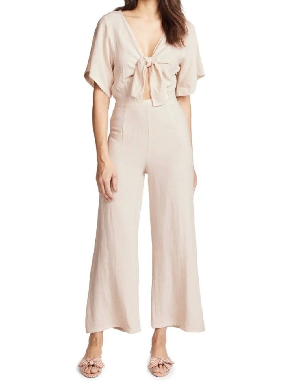 Rachel Pally Leo Jumpsuit V Neck Tie Closure Short Sleeve Linen Blend Summer Hol